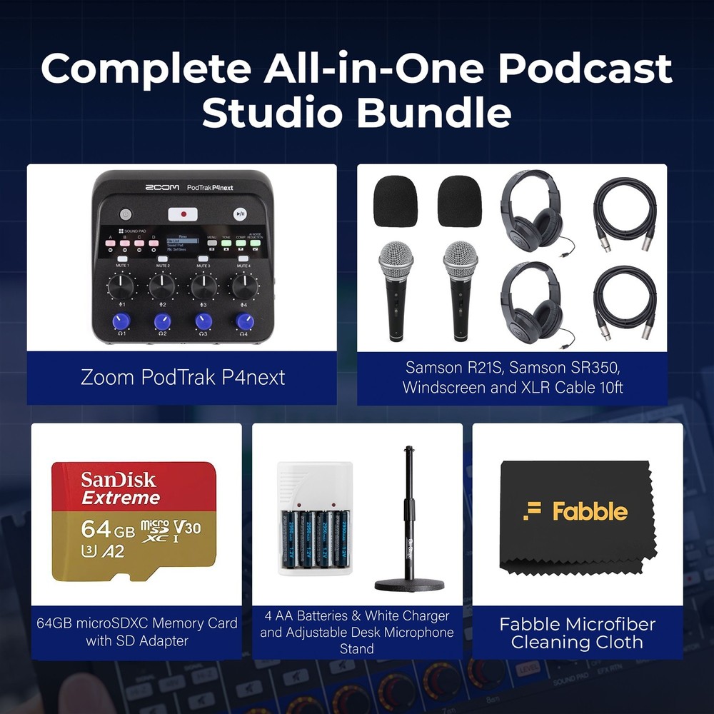 Zoom PodTrak P4next Portable Multitrack Podcast Recorder Bundle