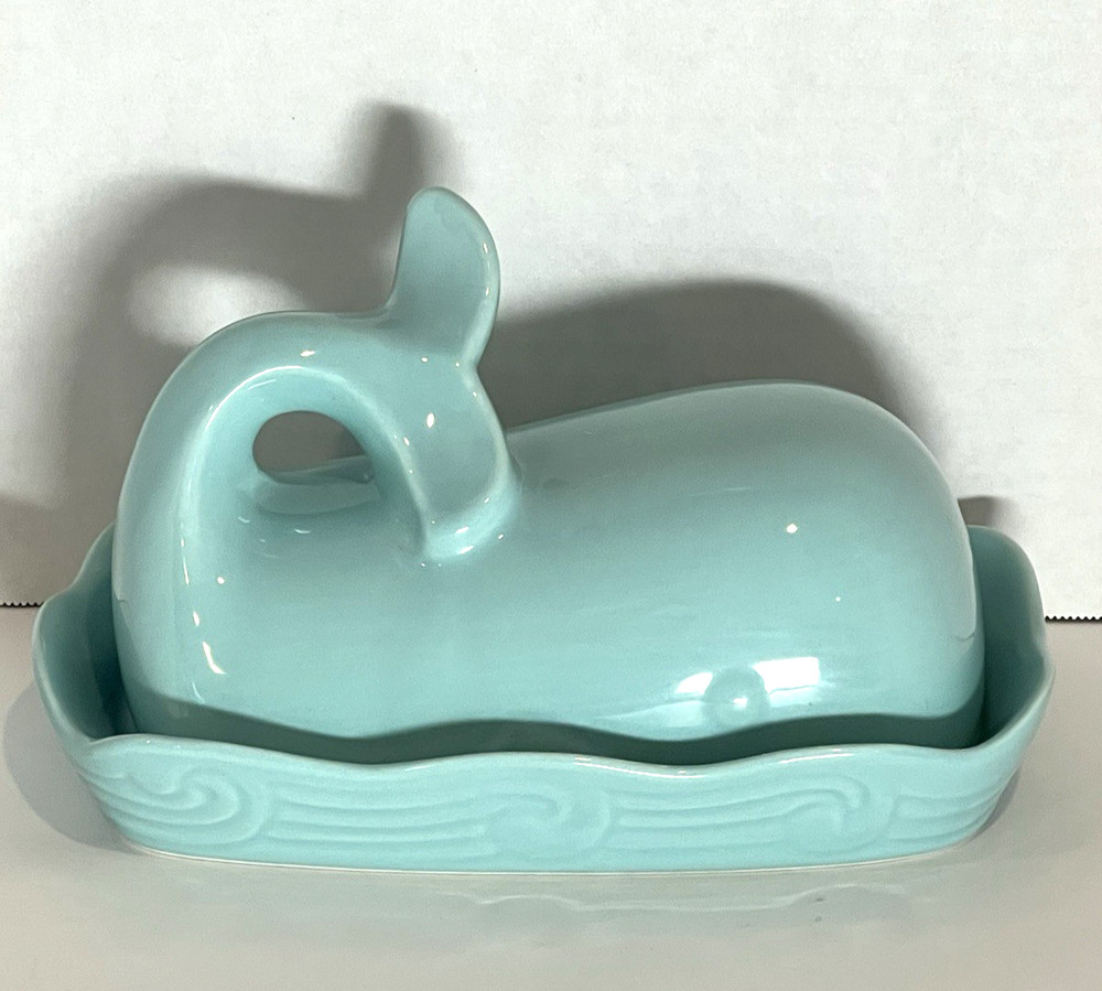 Creative Co-Op Ceramic Aqua Blue Whale Butter Dish