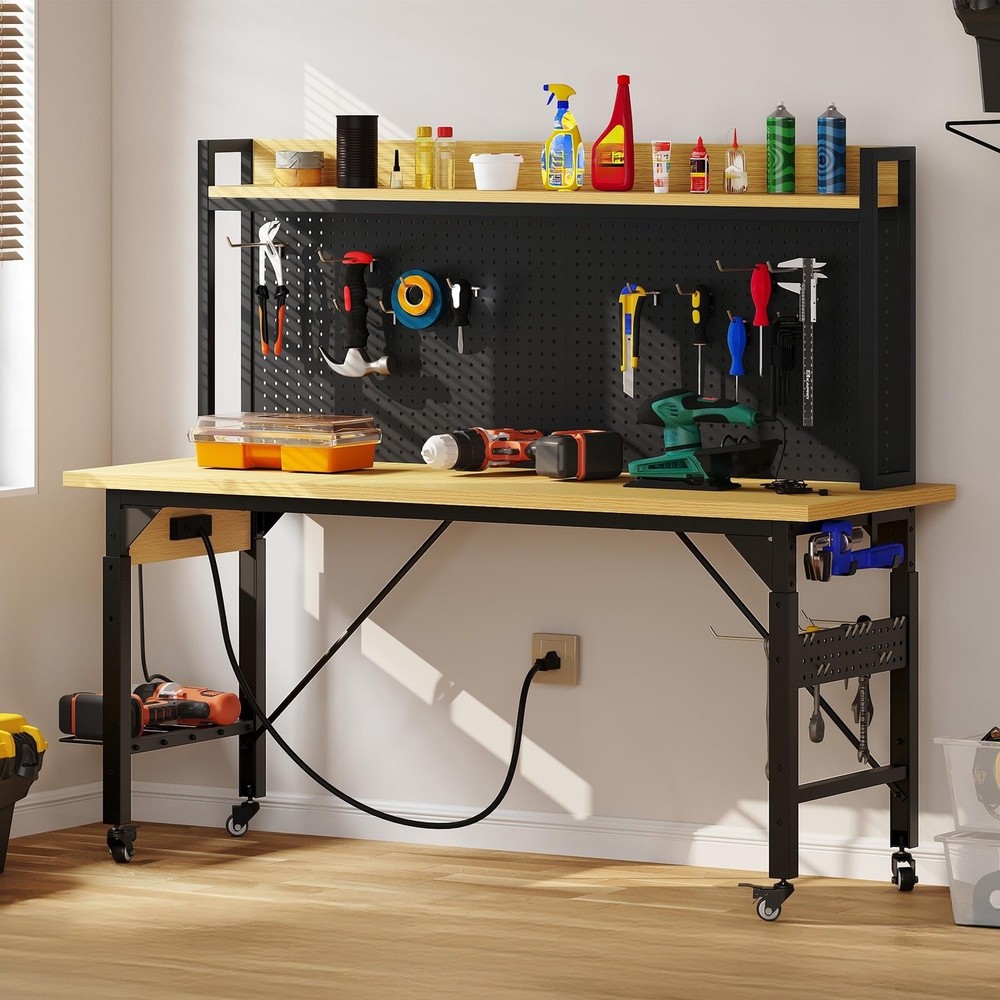 Garage Workbench Adjustable Height Rolling Tool Table
