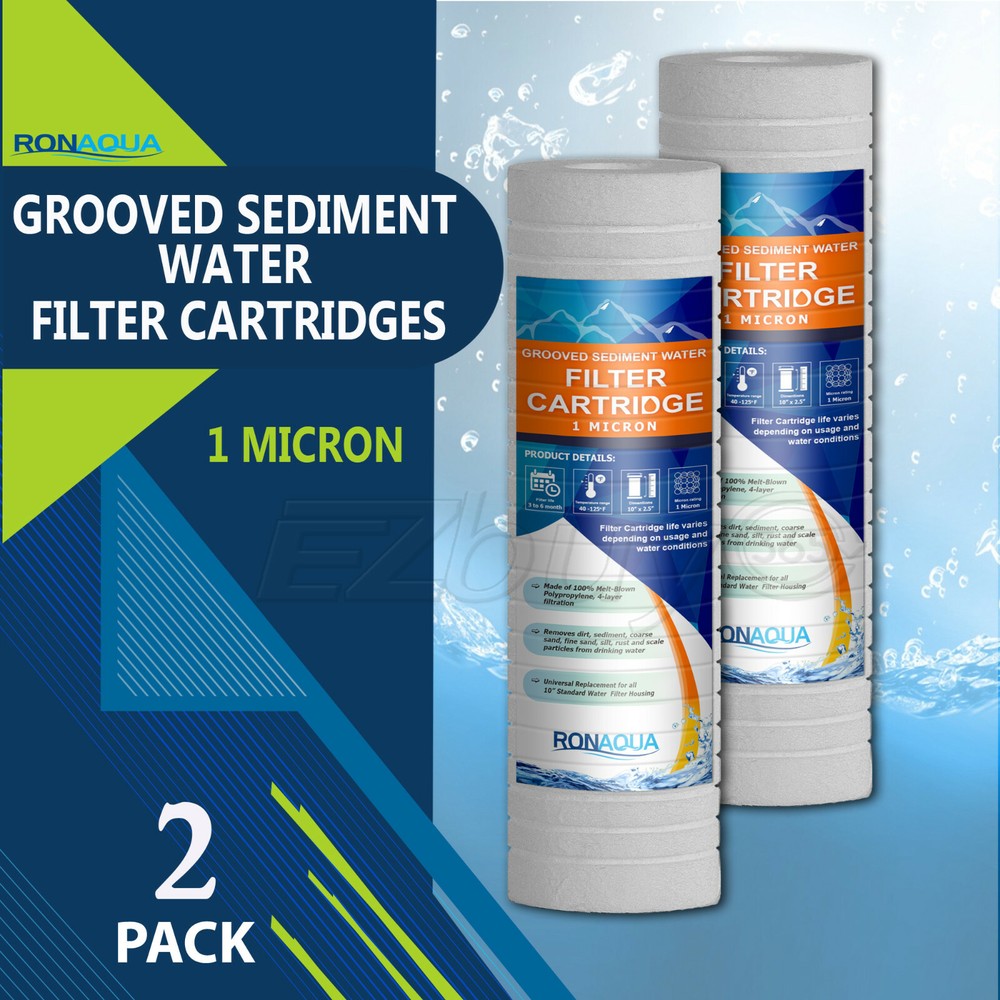 2 Pack Grooved Sediment 1 Micron Water Filters Cartridge 2.5" x 10"