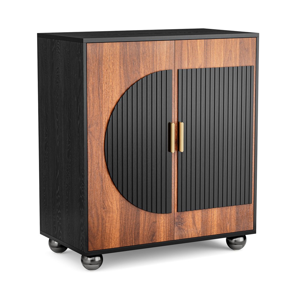 Fluted Sideboard Cabinet with Storage Solid Wood Buffet Corner Cabinet Walnut