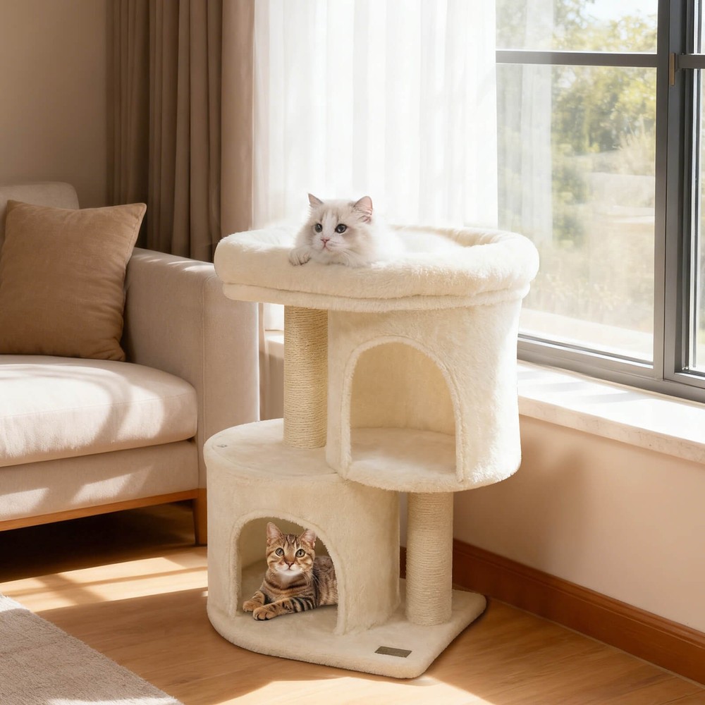26” Small Cat Tree w/Large Padded Plush Perch, 2 Condos, Sisal Scratching Posts
