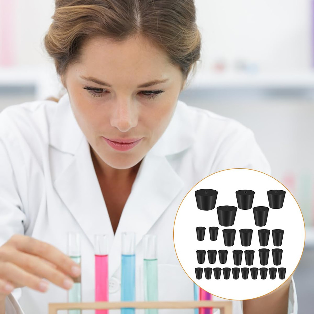 28 Pack (11 Assorted Sizes) Solid Rubber Stopper, 000# - 8# Tapered Lab Bungs...