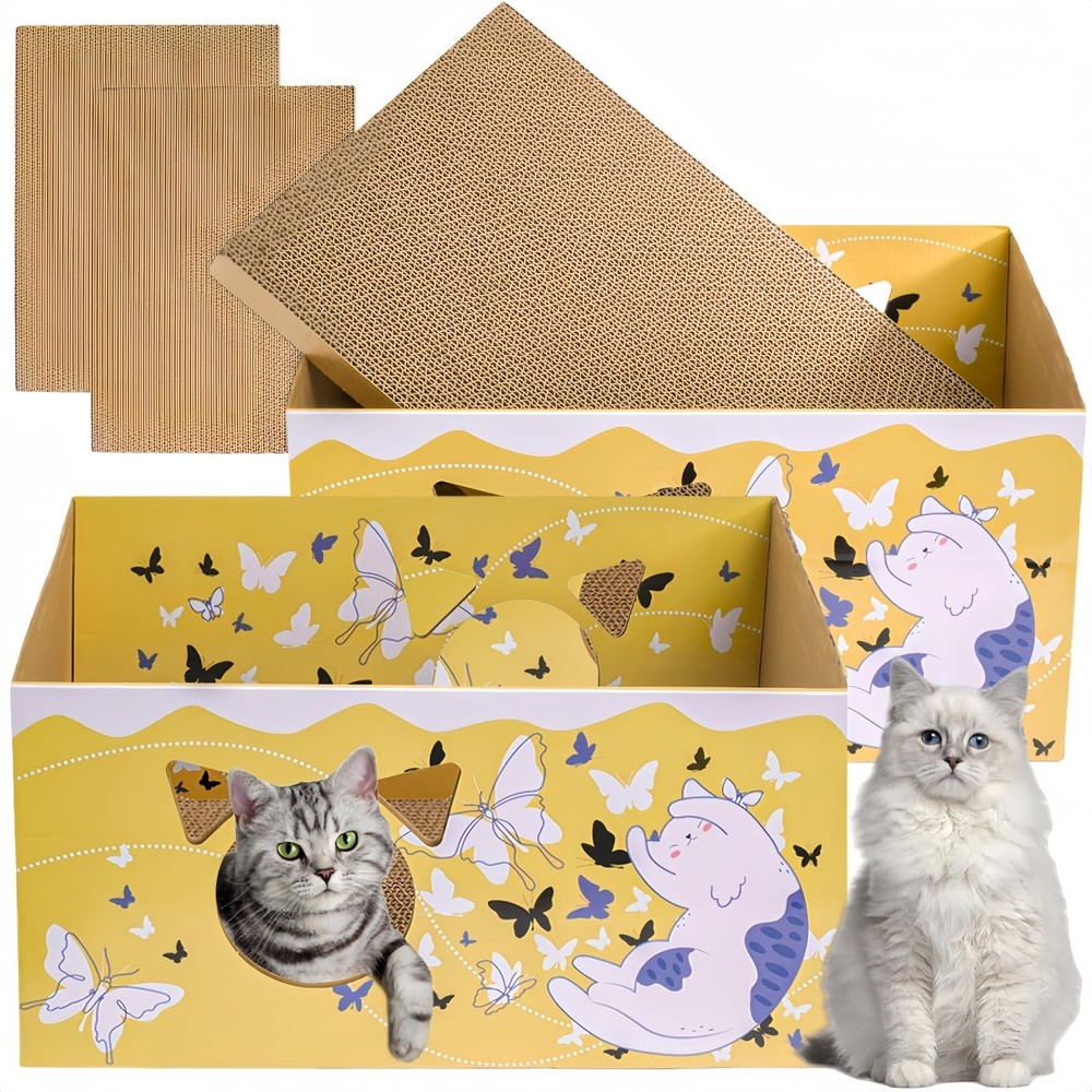 2 Pack Cardboard Cat Scratcher Box, Butterfly Pattern Cat Hideaway House with...