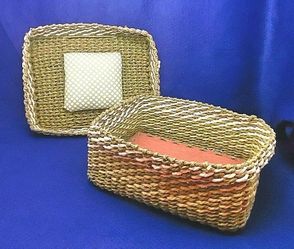 Vintage Soft Sided Macrame Sewing Box - Avocado Green & White - 10"