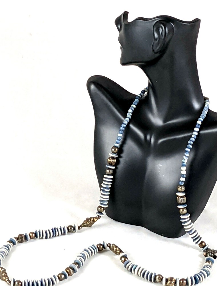 Vintage Boho Long Blue White w/ Silver Tone Necklace