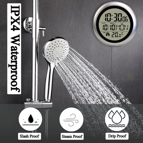 Digital Waterproof Shower Clock, Digital Wall Clock for Bathroom with Silver