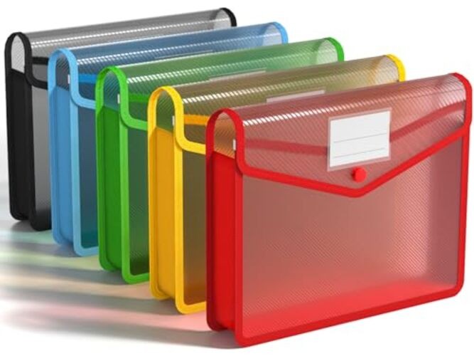Plastic File Folders, 5 Pack A4 Poly Envelope Expanding File Multicolored
