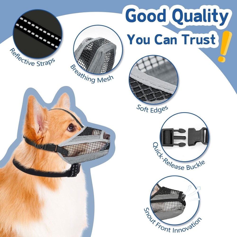 Soft Mesh Dog Muzzle with Reflective Strap - Lightweight Muzzle Adjustable Dogs