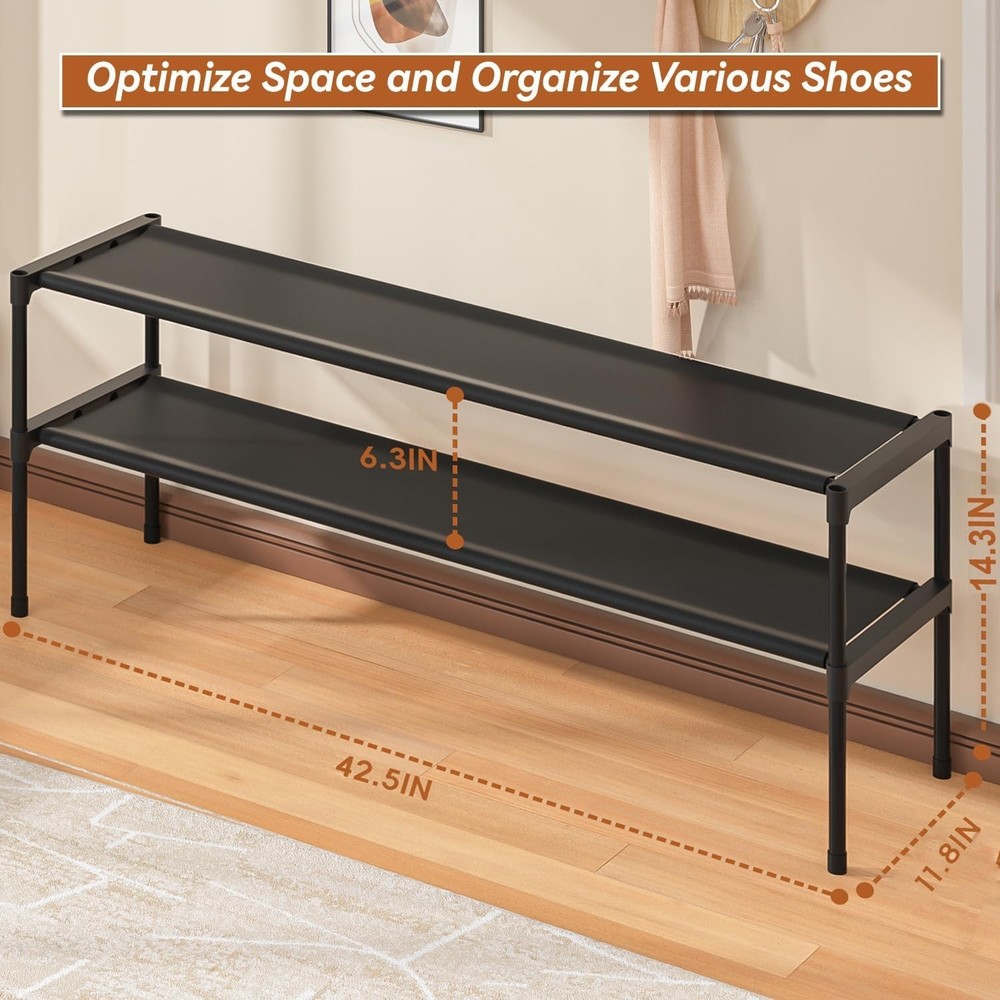 Extra Long Shoe Rack 2 Tier Shoe Storage Organizer Wide Stackable Shoe Organi...