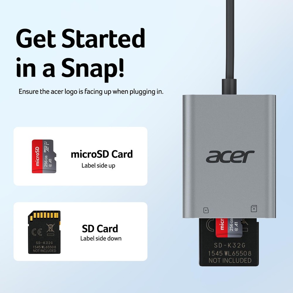 Acer SD Card Reader USB C, Dual Slots Type C to Memory Reader, Grey