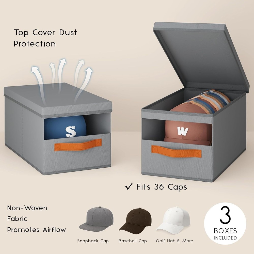 3 Pack Hat Organizer for Baseball Caps, Hat Storage Box with Clear Window