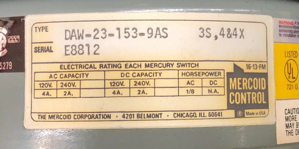 Mercoid Control Pressure Switch DAW-23-153-9AS