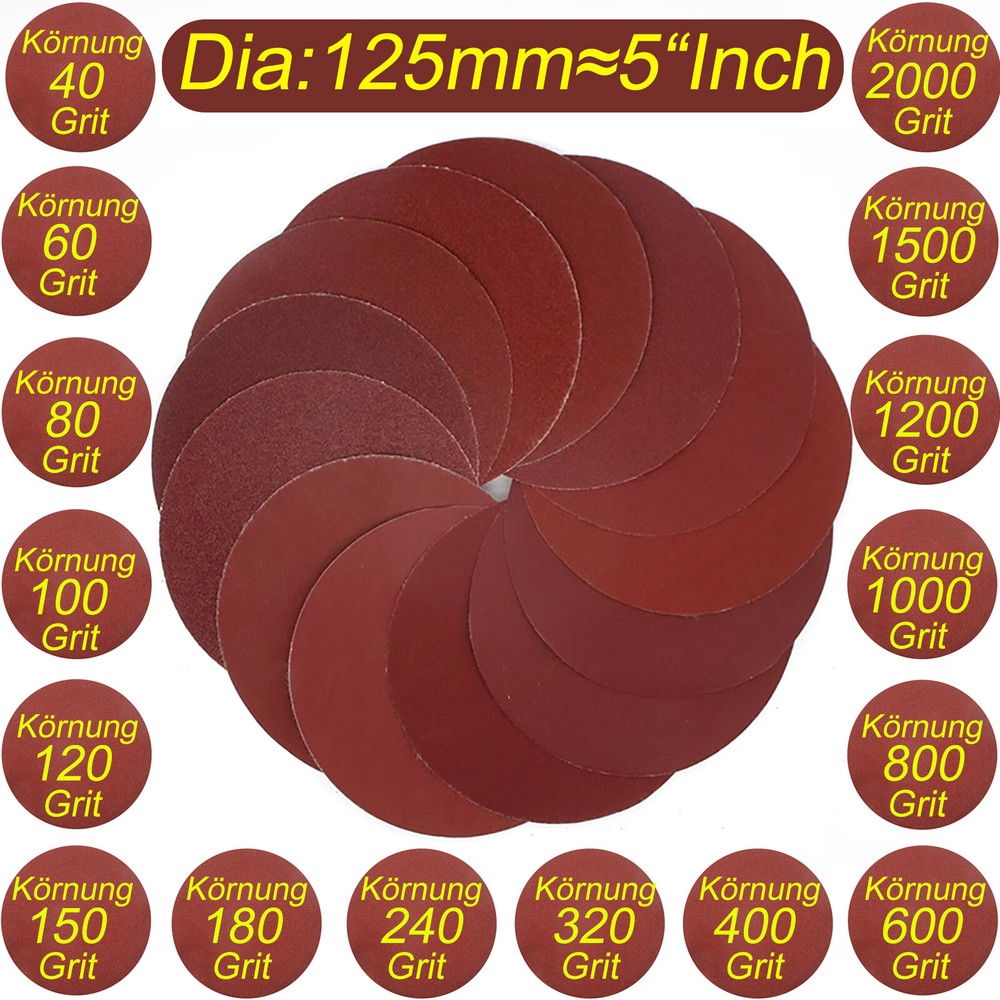 125mm Sanding Discs 4 inch Sander Pads Sandpaper 40 - 2000 grits Hook & Loop/Red
