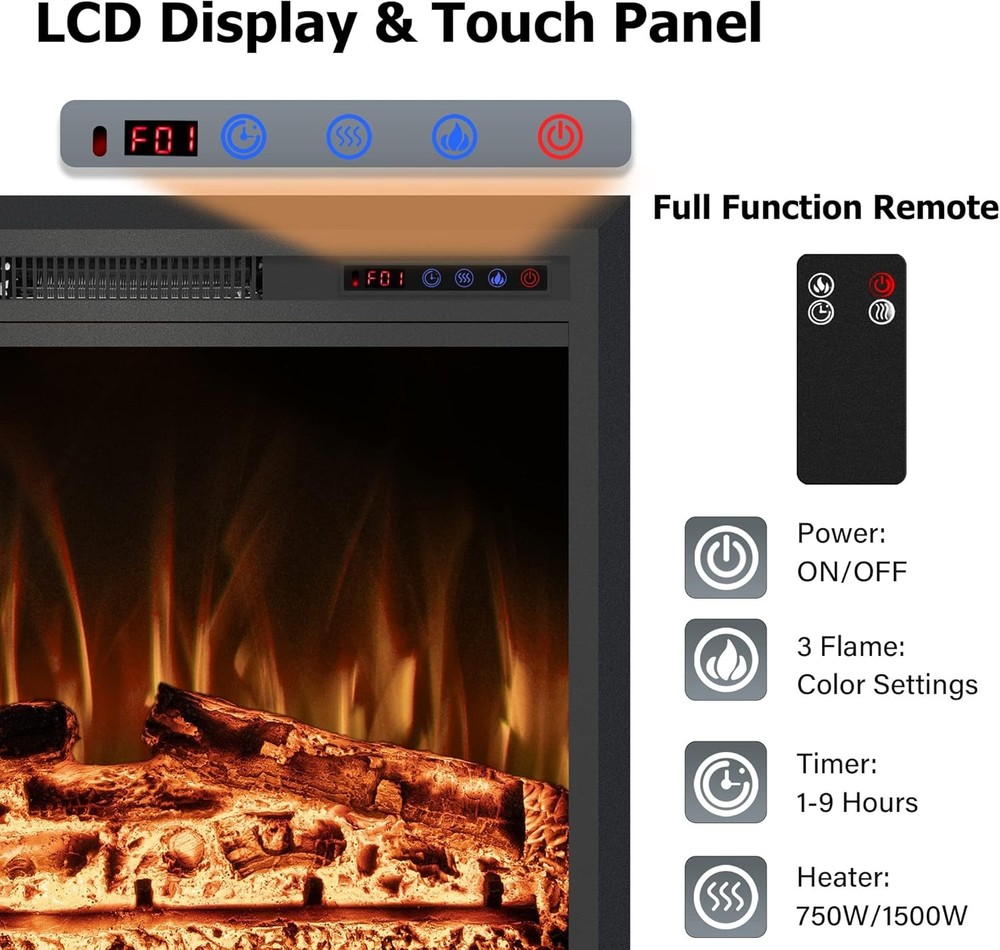 40" Width Electric Fireplace Inserts with Adjustable Flame 40", Black