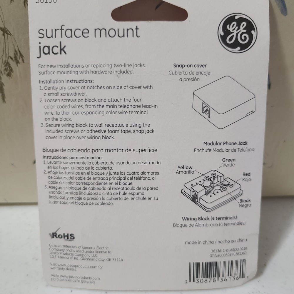 GE 36136 Surface Mount Jack White For New Or Replacement Installations