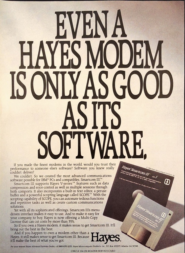 1989 Hayes Smartcom III Vintage Print Ad Modem Software Disk