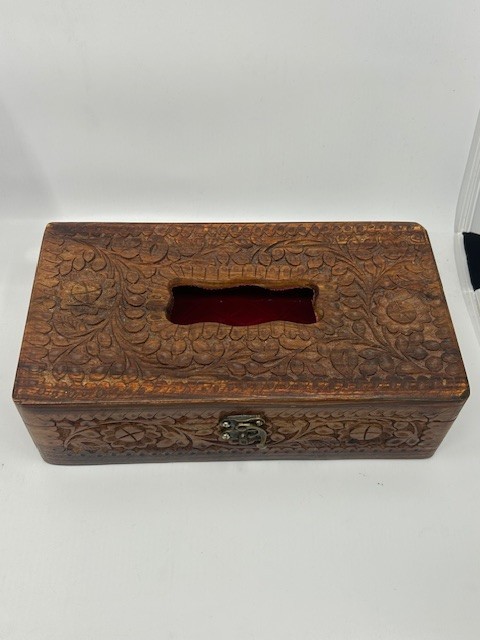 Boho Wooden Handmade Rectangular Tissue Box Hand Tooling With Velvet Lining