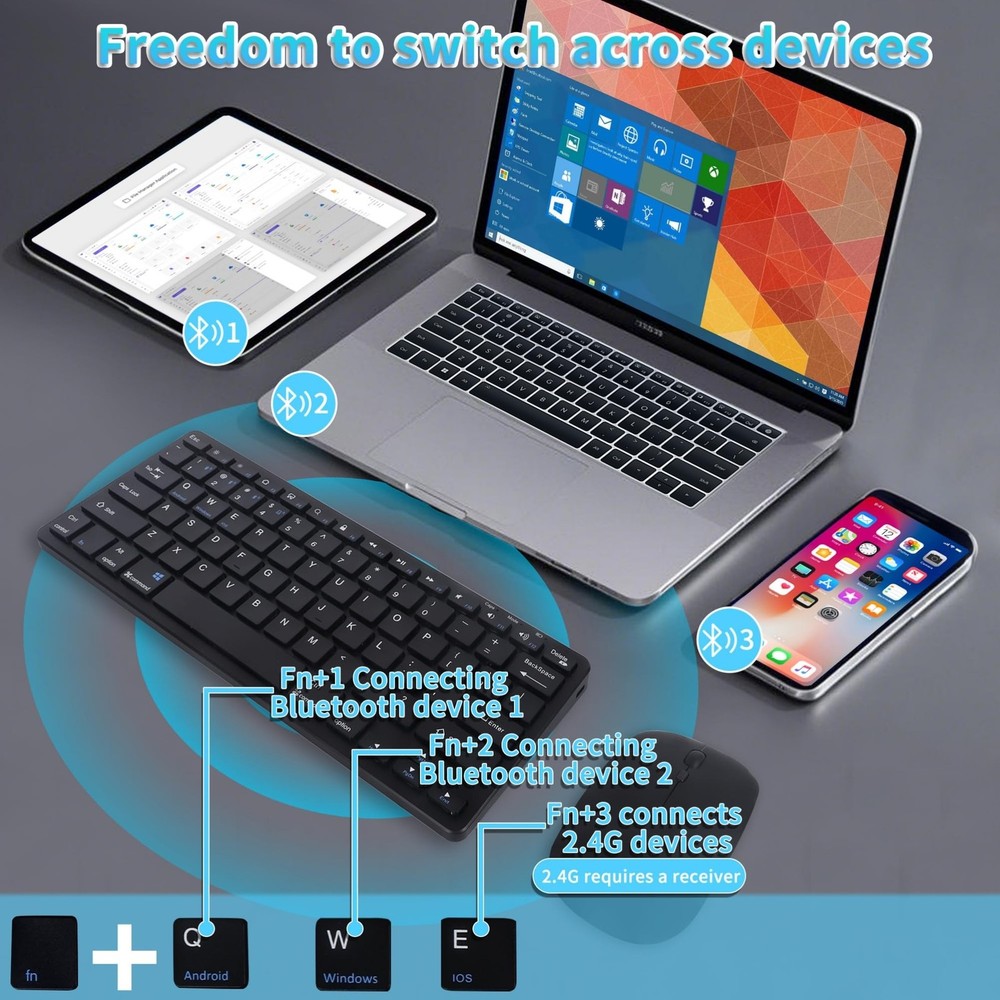 Bluetooth Keyboard and Mouse Combo, Small Wireless Computer Keyboard and Mous...