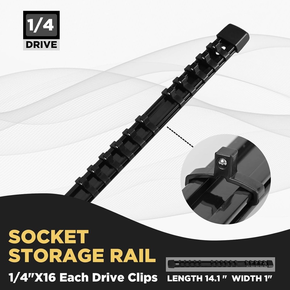 Compact Black Socket Rail Kit - 16 Clips Included for Maximum Tool Organization