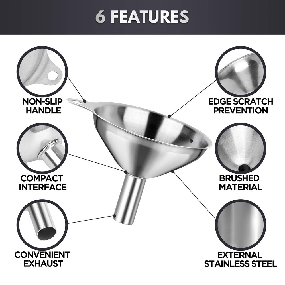 Compact Stainless Steel Funnel Set, 3 Sizes Small Medium Large for Bottles