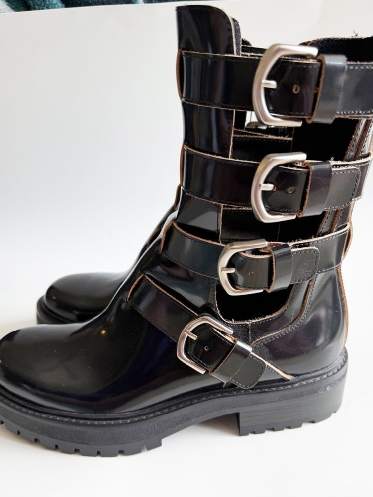 Zara Black Leather Multi Buckle Combat Boots Size 39