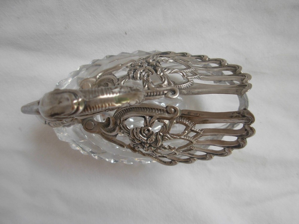 ANTIQUE SOLID SILVER CUT CRYSTAL SALT CELLAR,SWAN SHAPE,20th CENTURY.
