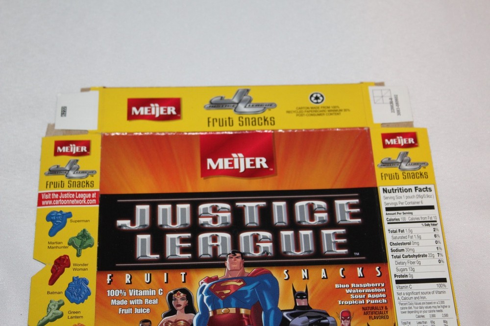 2002 Justice League Fruit Snacks Cartoon Network Empty Meijer Display Box Candy