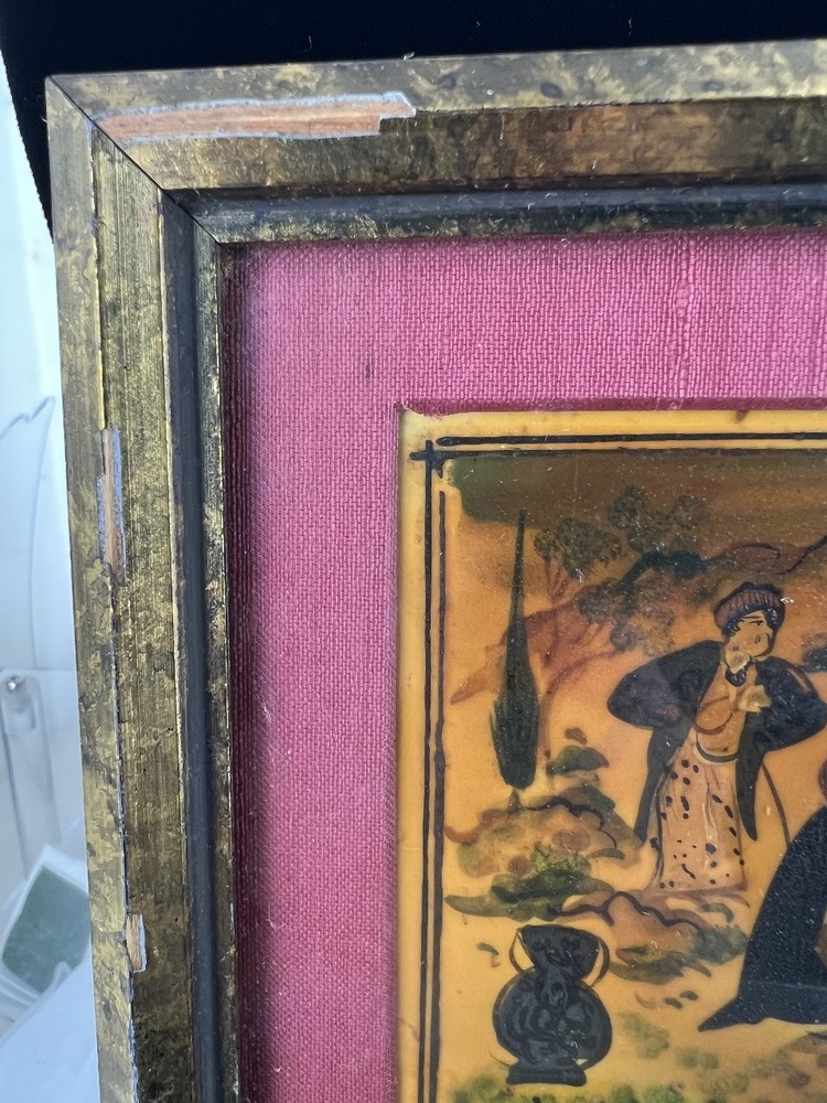 Vtg Middle Eastern Framed Small Hand-Painted Gathering Scene on Camel Bone