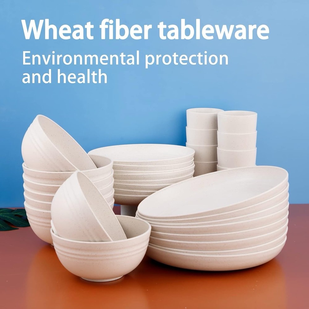 32pcs Wheat Straw Dinnerware Microwave Dishwasher Safe Dish Sets for 8 Beige
