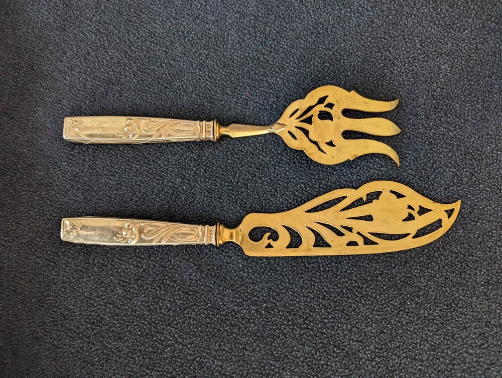 Antique 800 silverware wedding cake knife and fork set