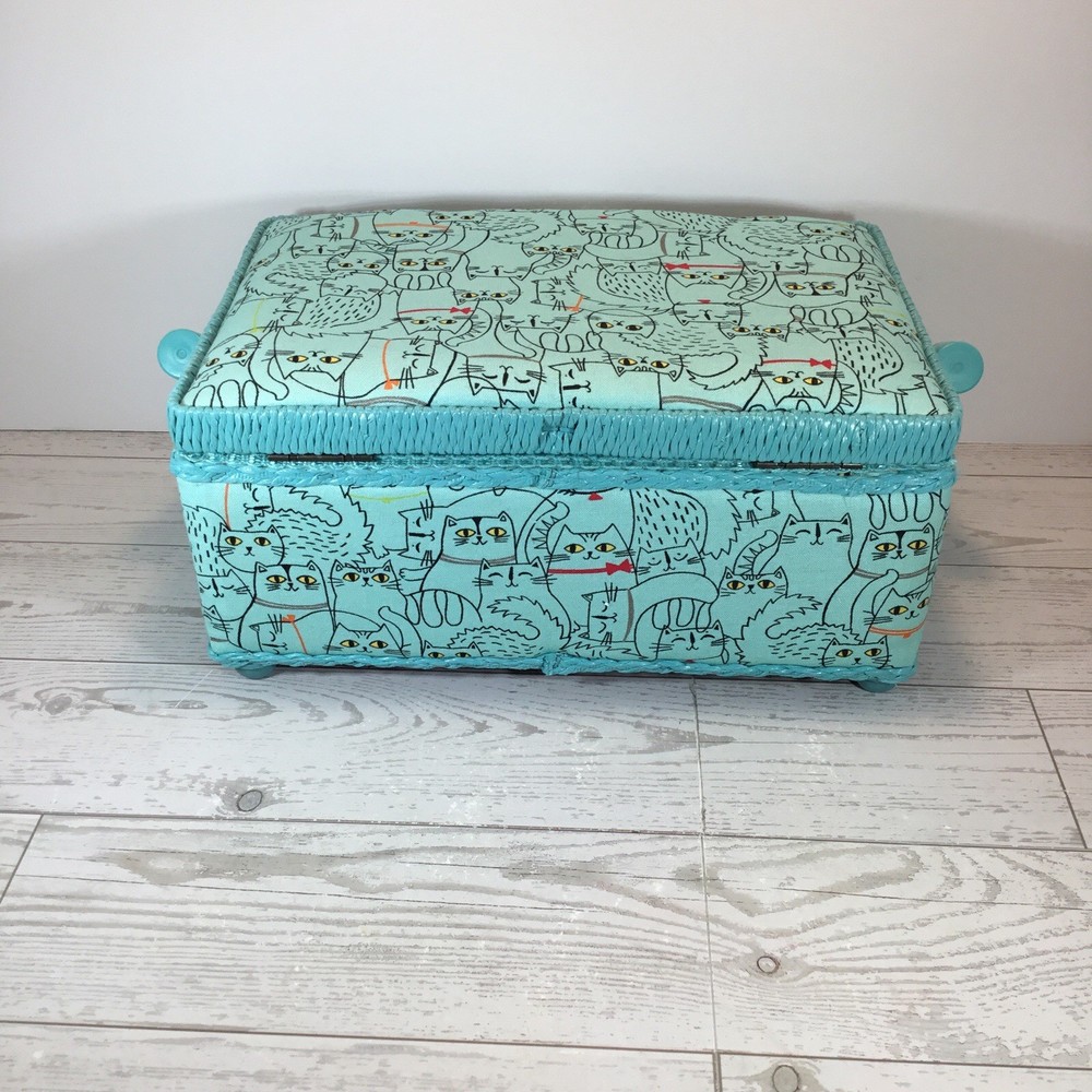 Sewing Box/Basket Light Blue With Cat Print