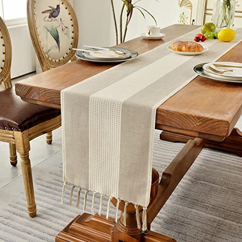 Linen Table Runner, Farmhouse Macrame Table Runners 60 13"×60" Light Coffee