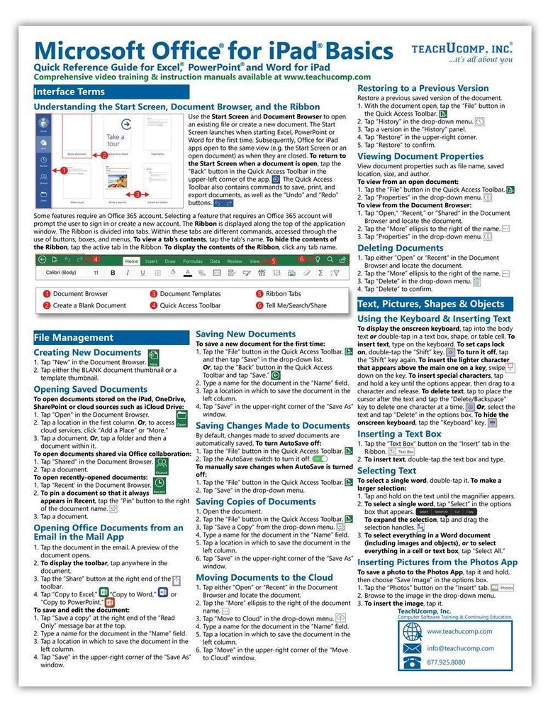 Microsoft Office for iPad Training Guide Quick Reference Card 2 Page Cheat Sheet