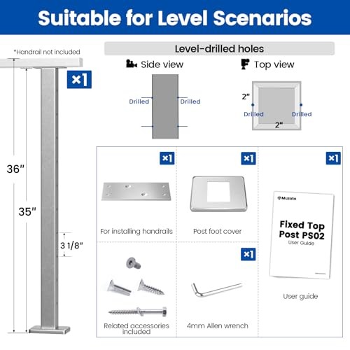 Cable Railing Post 36 Inch 36"x2"x2" Level Drilled Surface Mount Level post