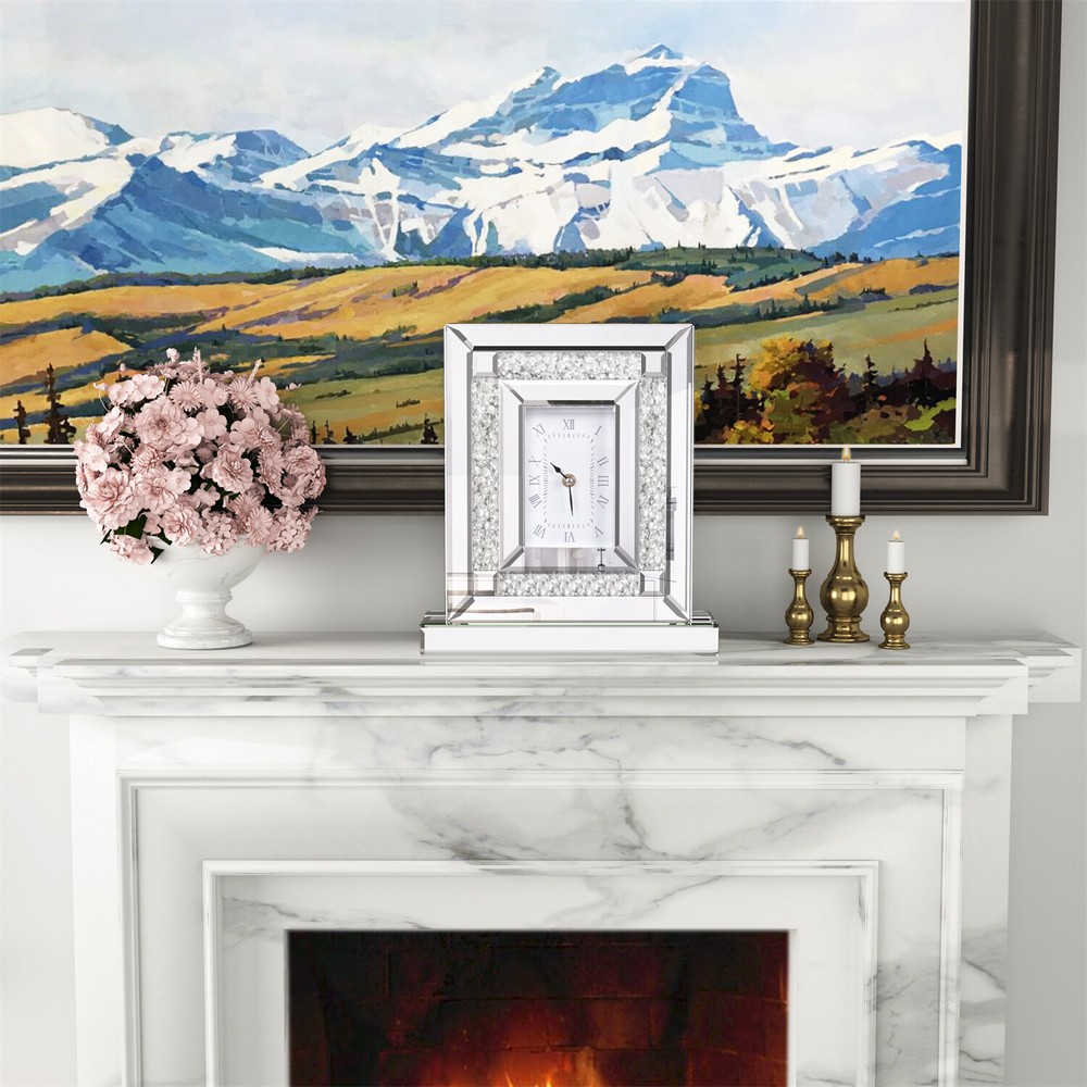 Crystal Crush Diamond Mirrored Square Clock Decorative Silver Table Quartz Clock