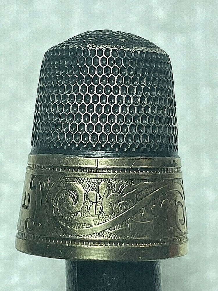 Victorian Sterling & Gold Band SIMONS Thimble w/ floral & scroll patterns Size11