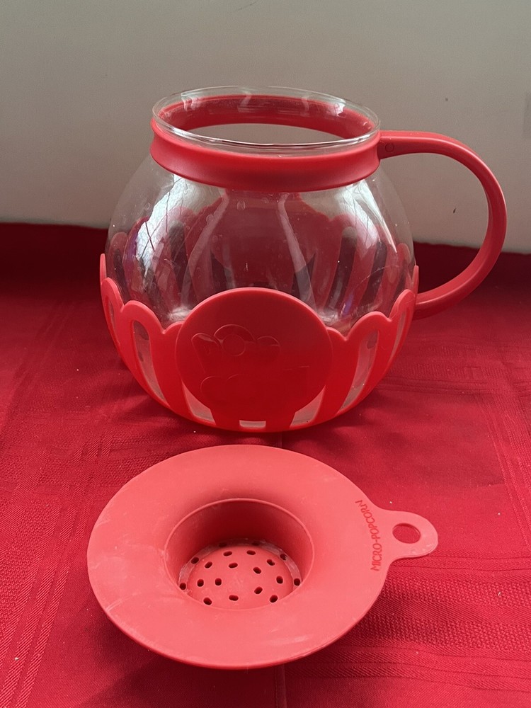 ECOLUTION MICRO-POP MICROWAVE 3QT HANDLED POP CORN POPPER GLASS & RED SILICONE