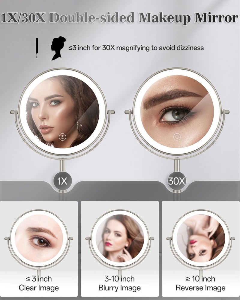 Makeup Mirror with Lights, 1X/30X Lighted Magnifying Mirror Height Adjustable...