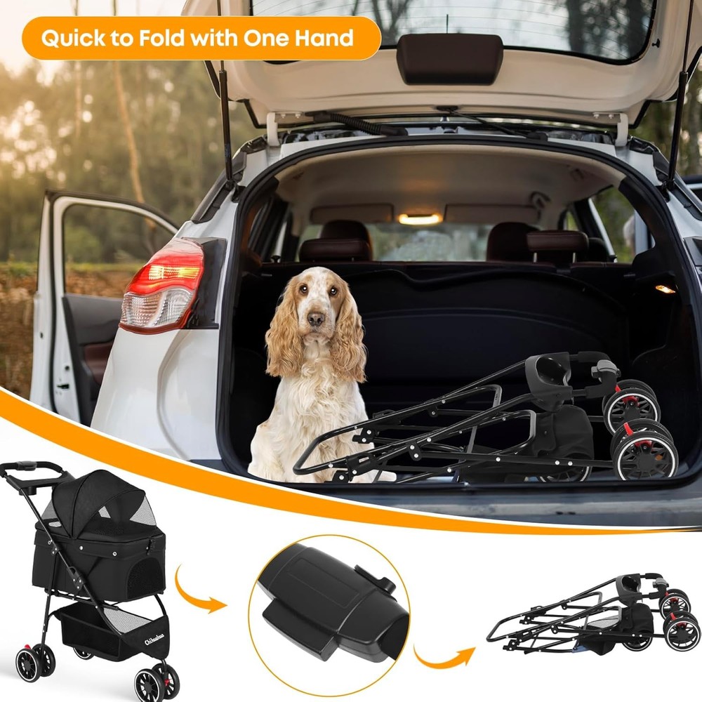 Pet Stroller Dog Stroller Small Medium Dog Cat 3 Wheels Foldable with Canopy