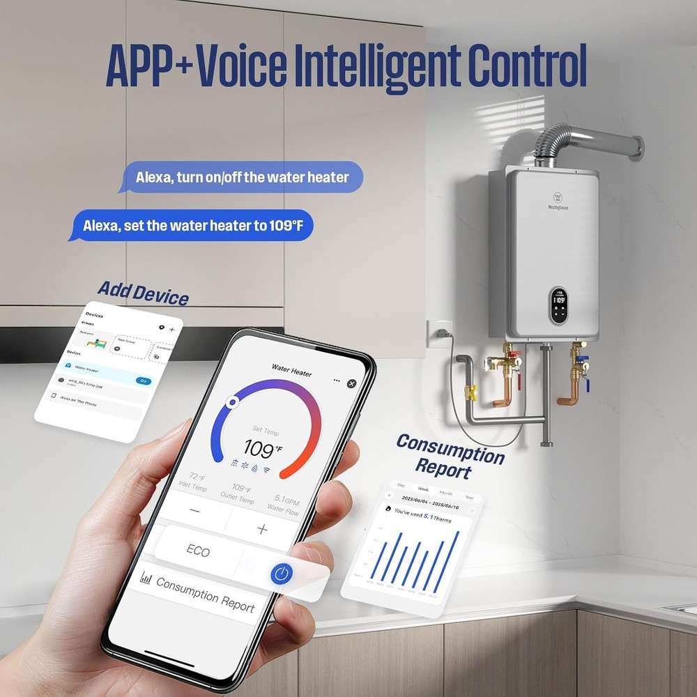 Westinghouse 120,000 BTU Natural Gas Tankless Water Heater APP & Voice Control