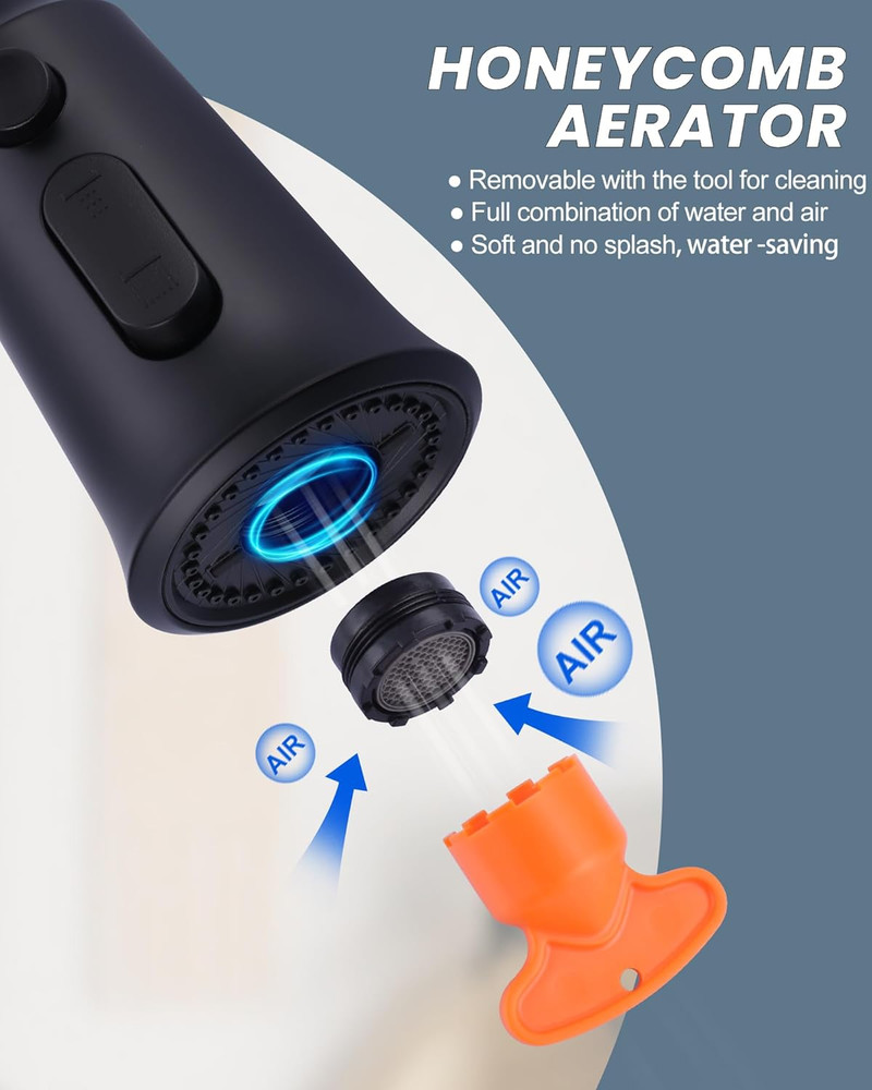 WOWOW Kitchen Faucet Head Replacement, 3 Function Pull down Faucet Sprayer Head