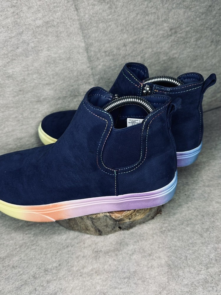Lands End Navy Bootie Size 6 Zip Closure Rainbow Sole EUC