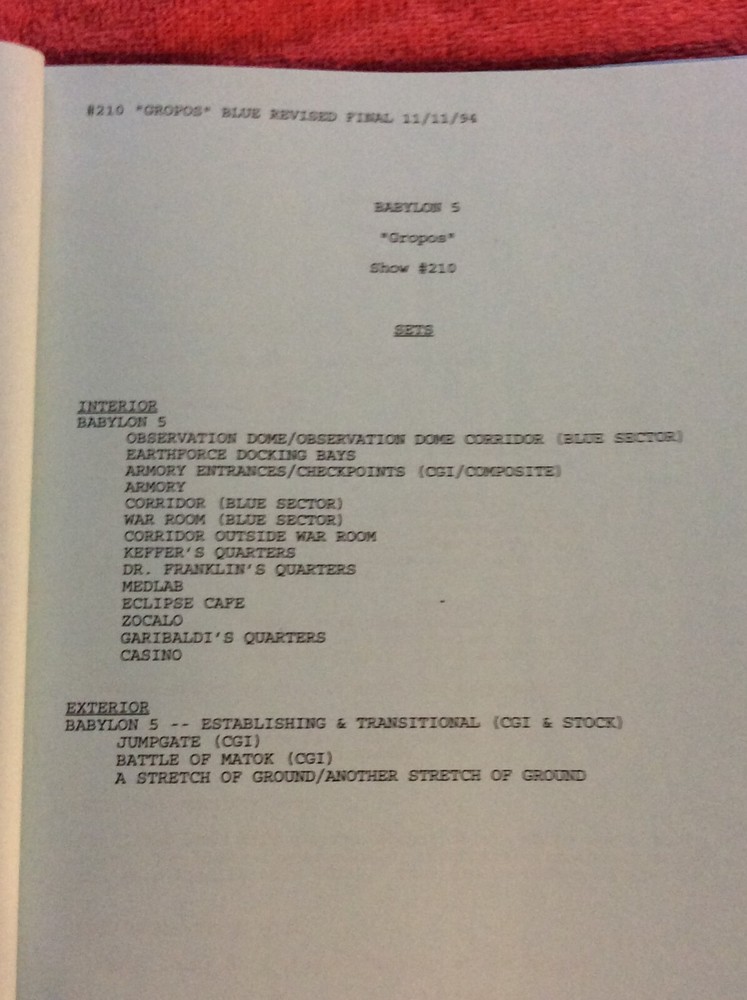 ORIGINAL SCRIPT BABYLON 5 GROPOS #210 BRUCE BOXLEITNER JERRY DOYLE CHRISTIAN