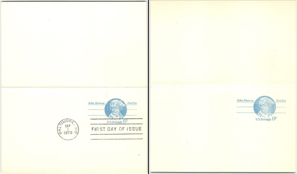 US #UY23 First Day, 1972, Message Reply, 6c John Hanson, unsevered