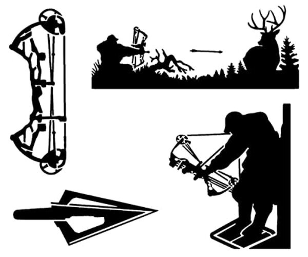 Bow Hunting Decal 4 Pack: Compound Bow, Tree Stand, Arrow Head, Large ~5" Black