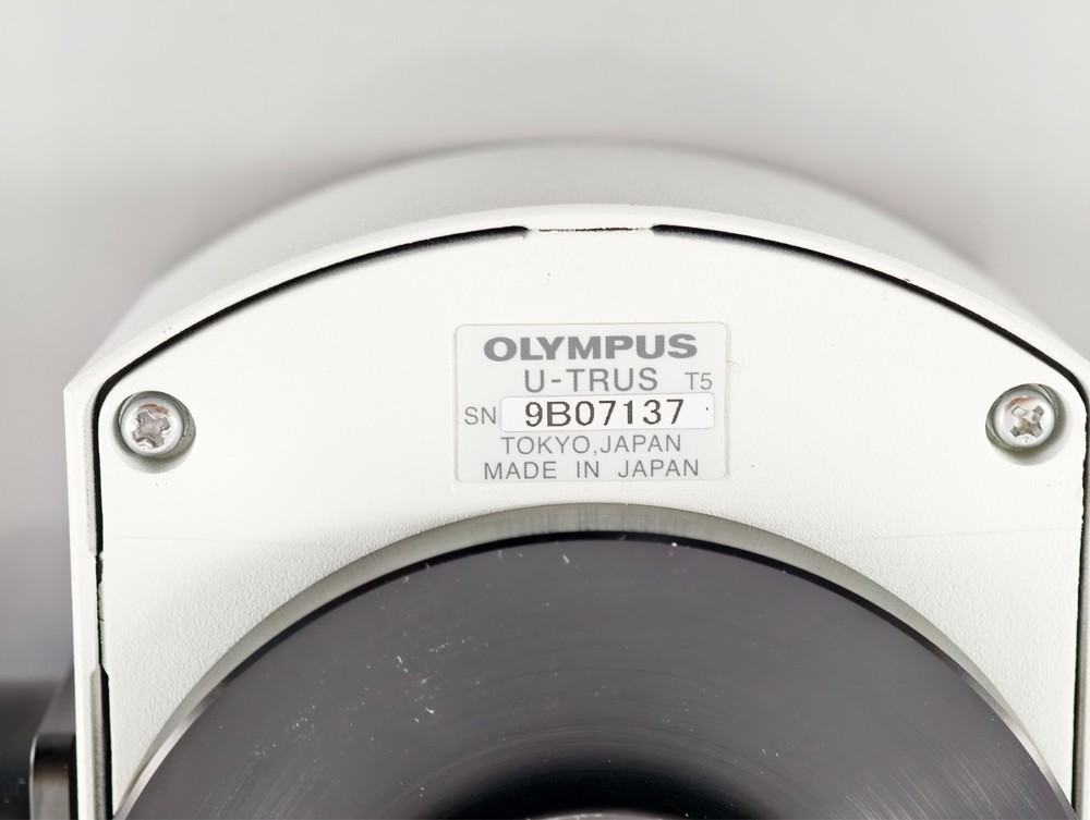 Olympus Microscope U-TRUS with Riser and Optem 0.5x C Mount Camera Adapter