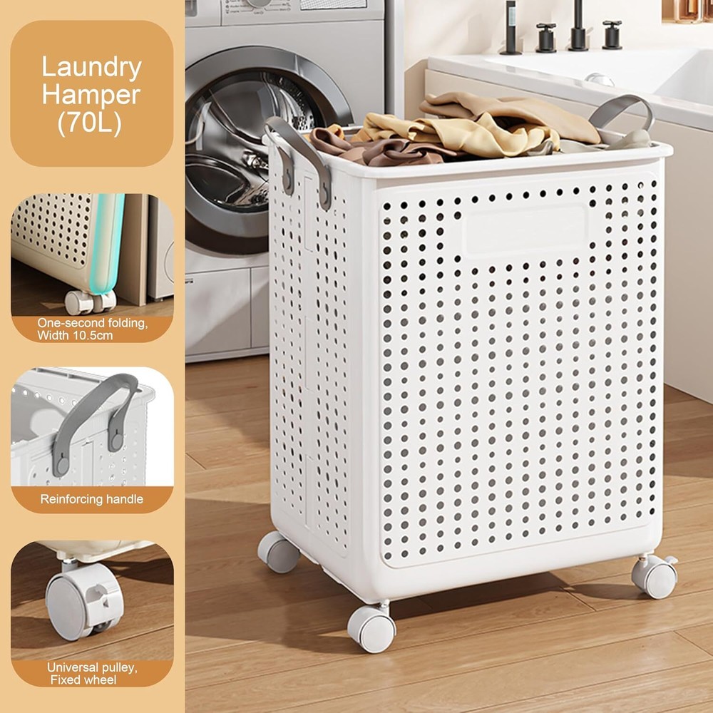 50L Foldable Laundry Hamper Rolling Laundry Basket Cart with Wheels Collapsible