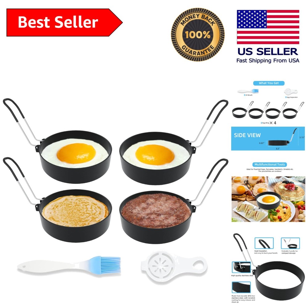 Versatile 4 Pack Egg Rings - Nonstick Griddle Molds with Separator & Oil Brush