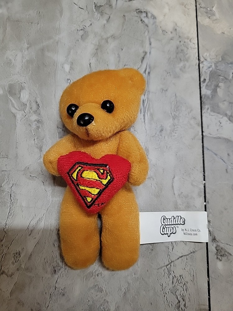 Tiny Brown Teddy Bear with a Sewn Superman Emblem  5" Cute- Cuddle Cups